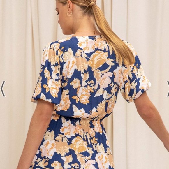 Kivari Briar Floral Tie Front Mini Dress Navy Peach Tiered Medium - Picture 5 of 6